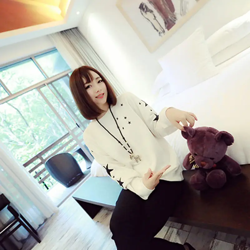 Women Korean Long Sleeve T-Shirt Black Star Print - Image 8