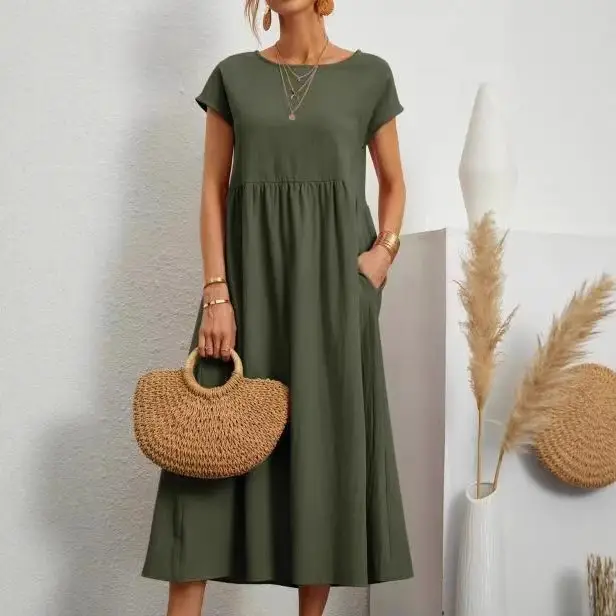2023 Navy Cotton Linen Sleeveless Dress with Pocket - Image 20