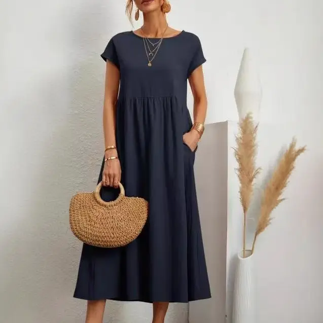 2023 Navy Cotton Linen Sleeveless Dress with Pocket - Image 21