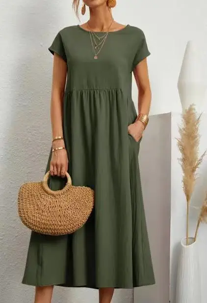 2023 Navy Cotton Linen Sleeveless Dress with Pocket - Image 7