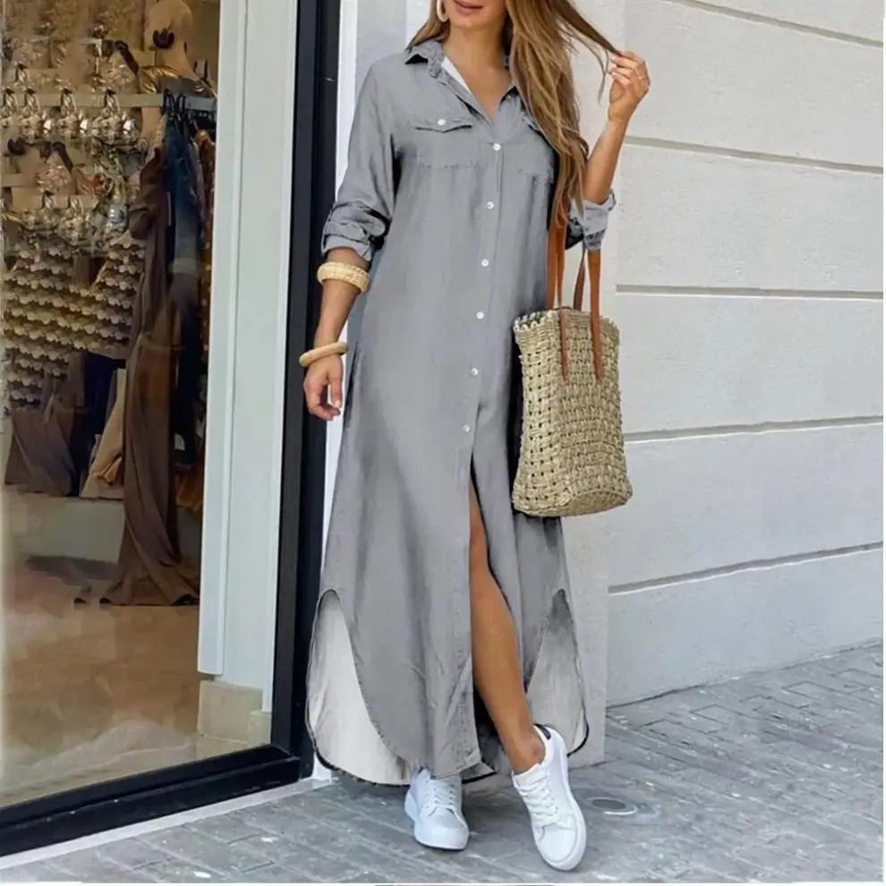 Women's Long Sleeve Shirt Dress Yellow with Side Slit - Image 10