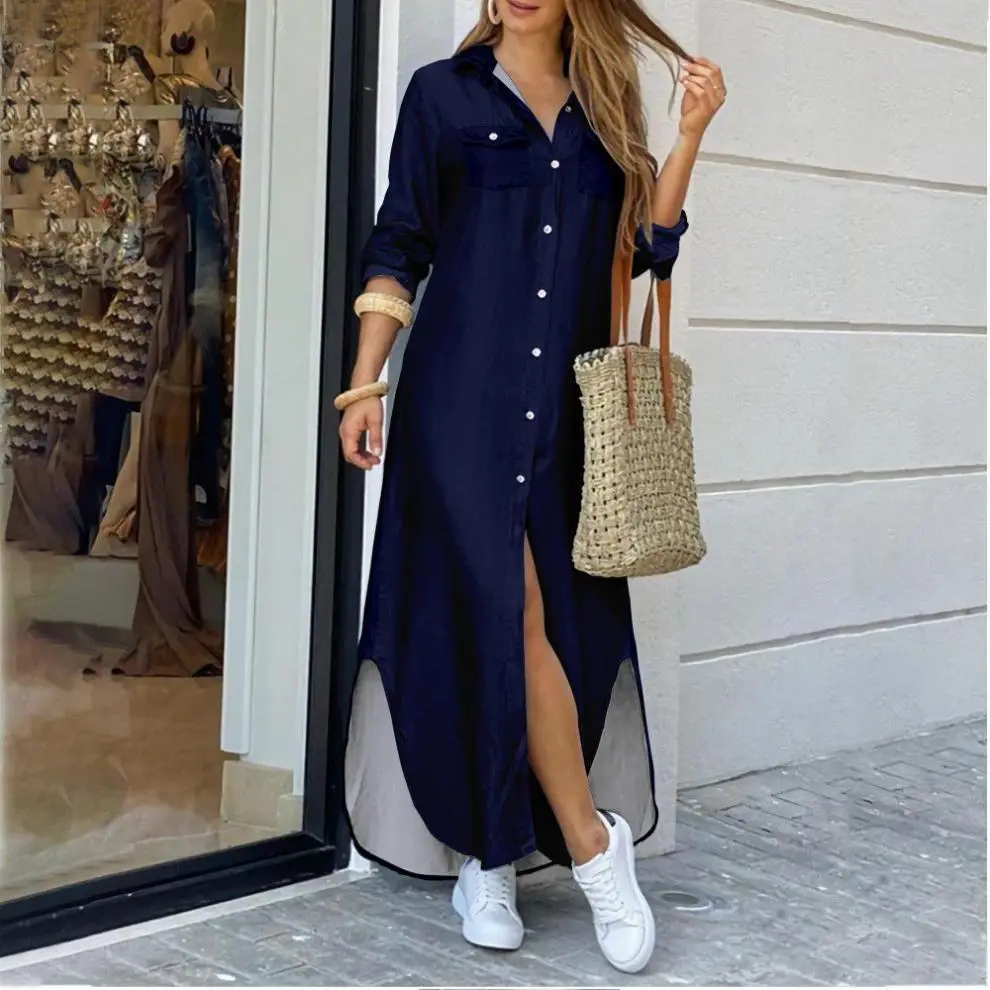 Women's Long Sleeve Shirt Dress Yellow with Side Slit - Image 12