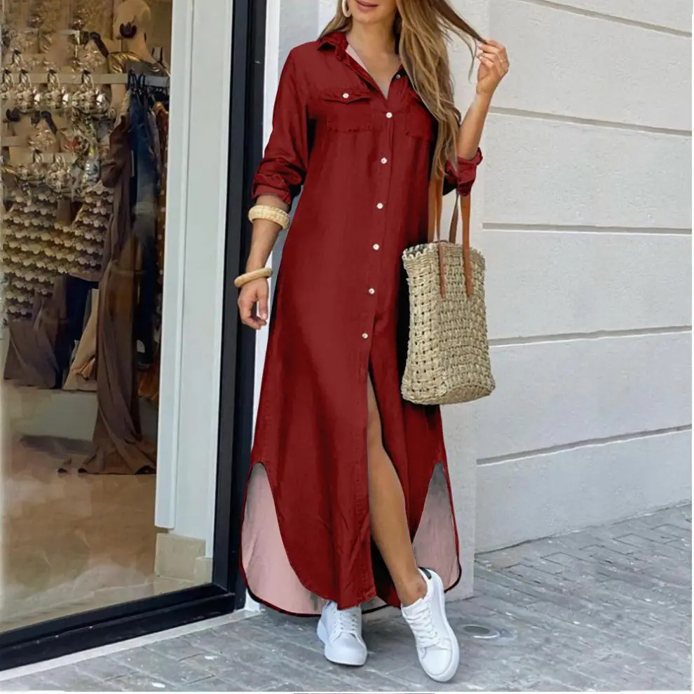Women's Long Sleeve Shirt Dress Yellow with Side Slit - Image 13