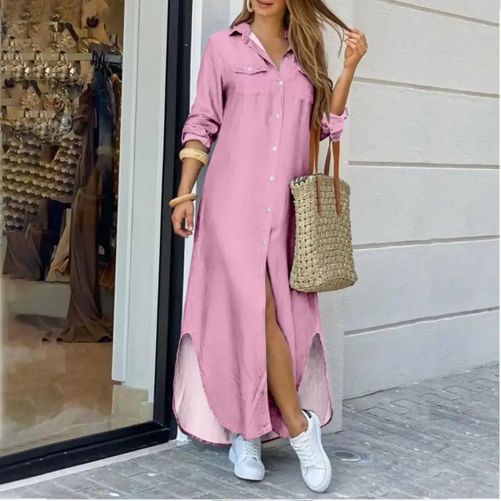 Women's Long Sleeve Shirt Dress Yellow with Side Slit - Image 5
