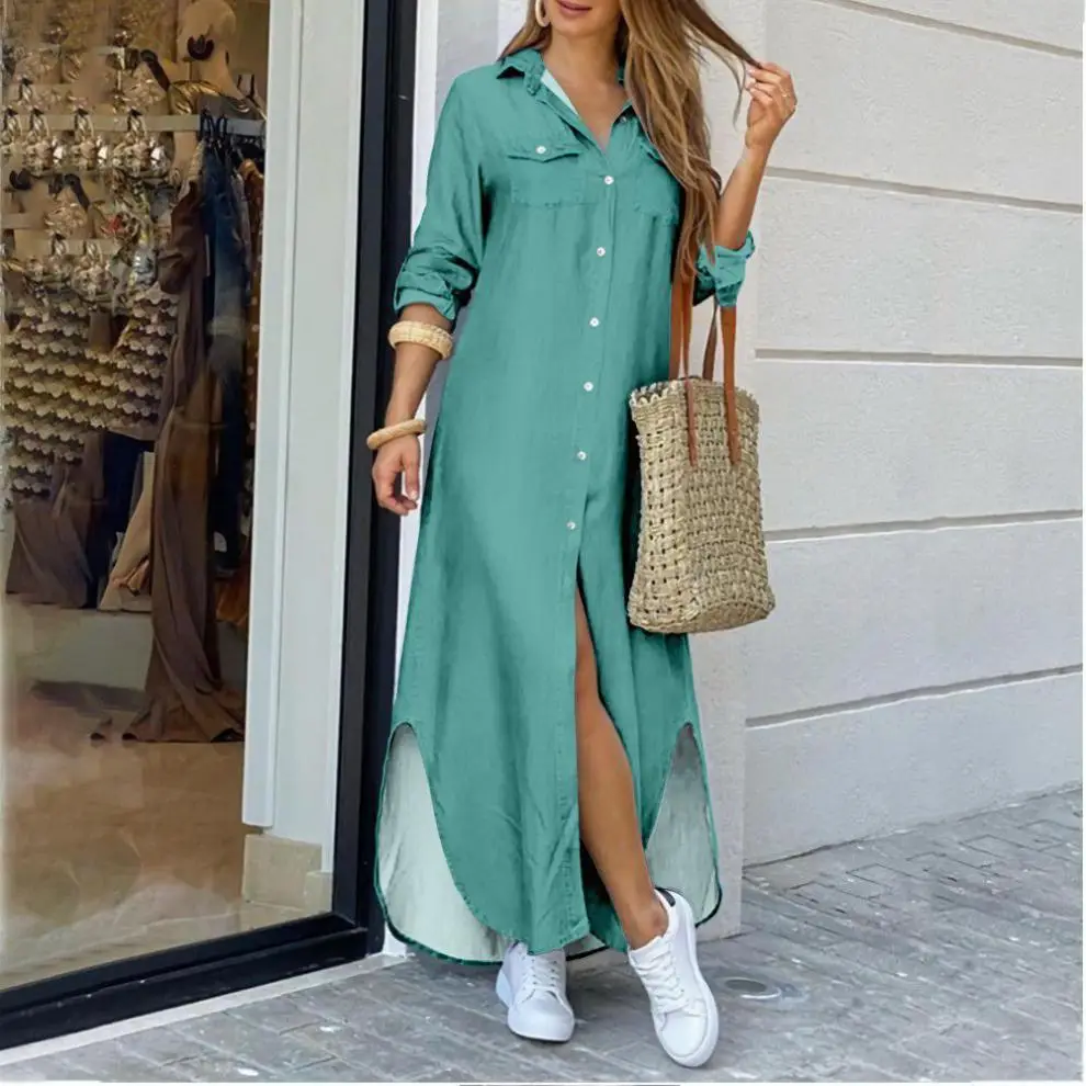Women's Long Sleeve Shirt Dress Yellow with Side Slit - Image 6