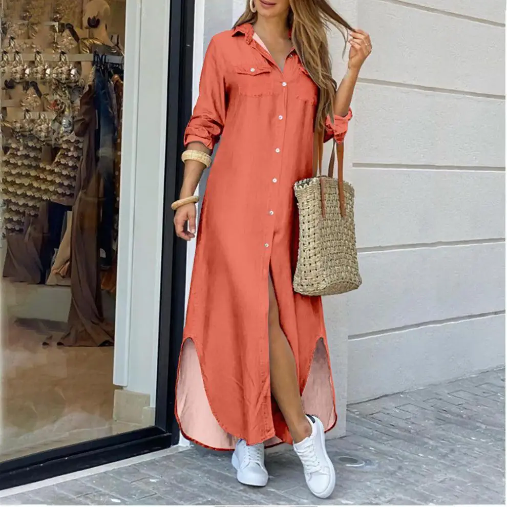 Women's Long Sleeve Shirt Dress Yellow with Side Slit - Image 7