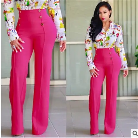 Women's Wide Leg Button Pants Solid Blue All Season - Image 5