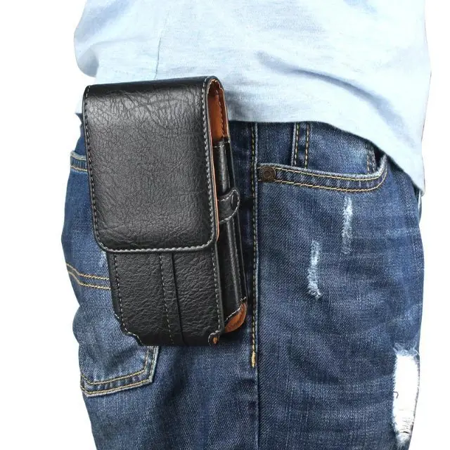Vertical Genuine Leather Phone Belt Bag with Buckle - Image 2
