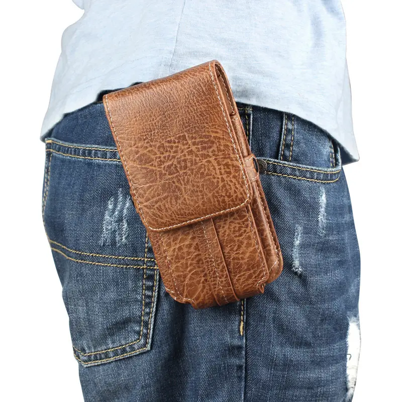 Vertical Genuine Leather Phone Belt Bag with Buckle — feature 12