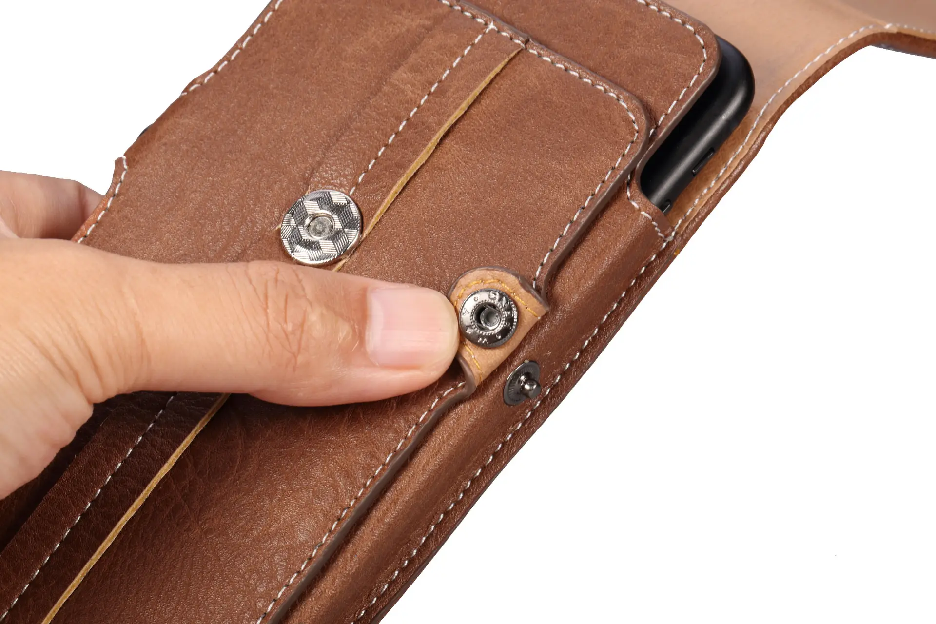 Vertical Genuine Leather Phone Belt Bag with Buckle — feature 18