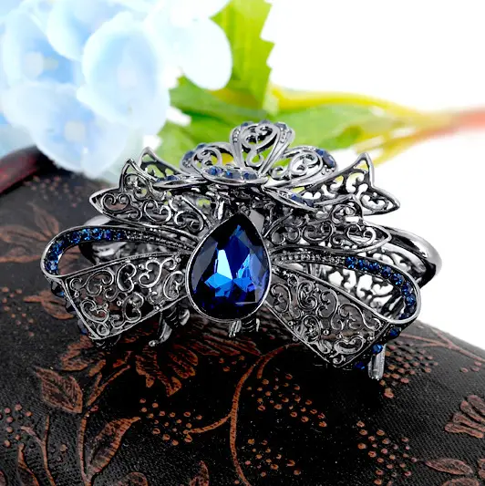 Black Crystal Hair Clip for Women with Ornate Design