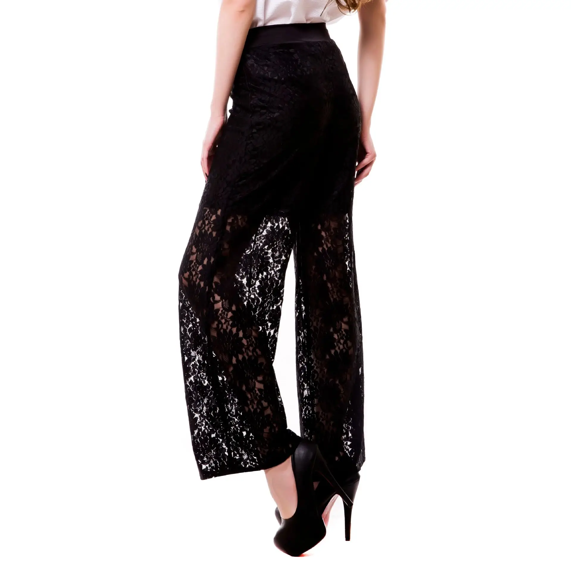 Black Lace Cropped Wide Leg Pants for Women
