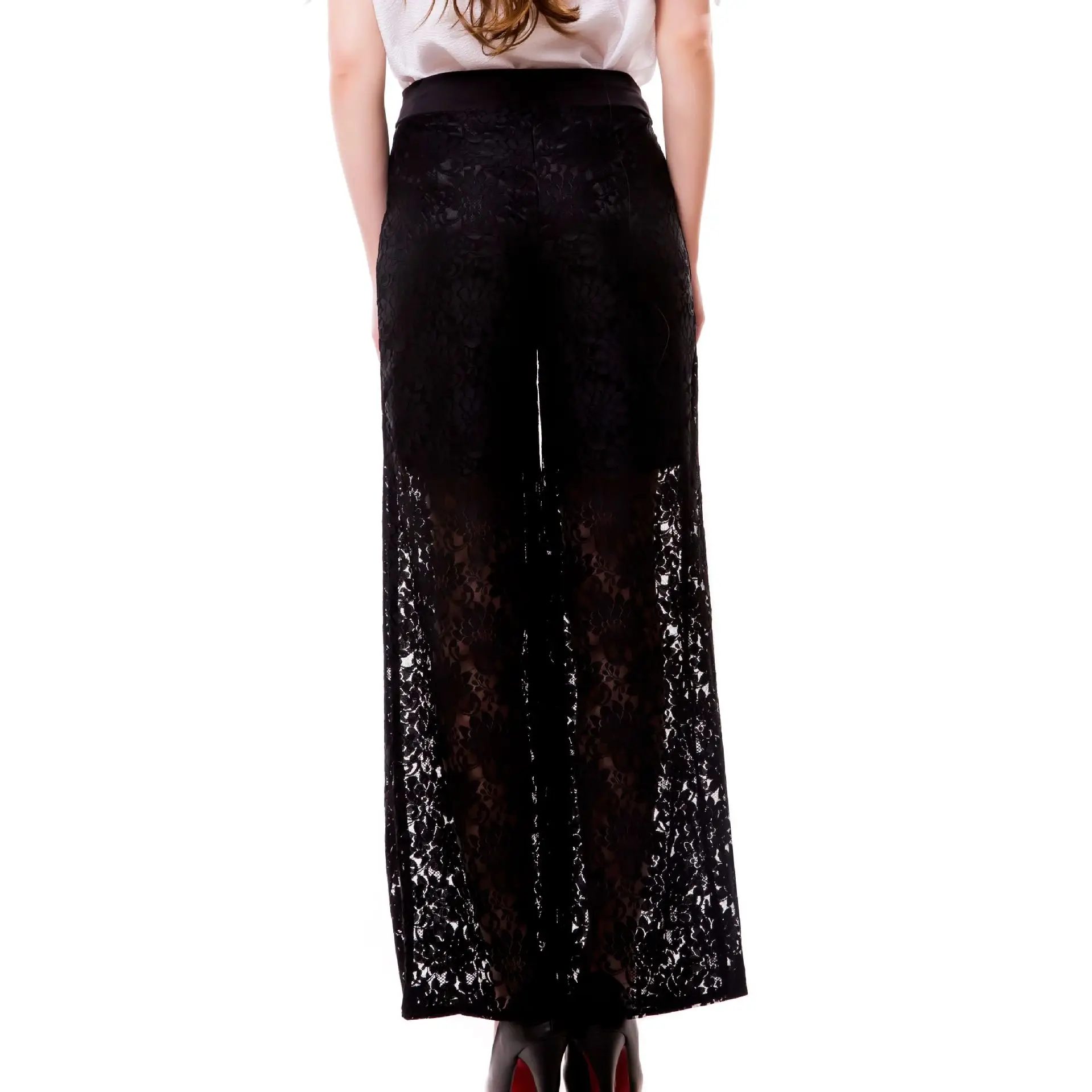 Black Lace Cropped Wide Leg Pants for Women