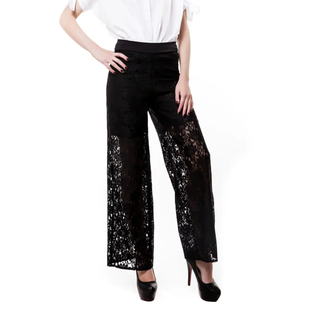 Black Lace Cropped Wide Leg Pants for Women