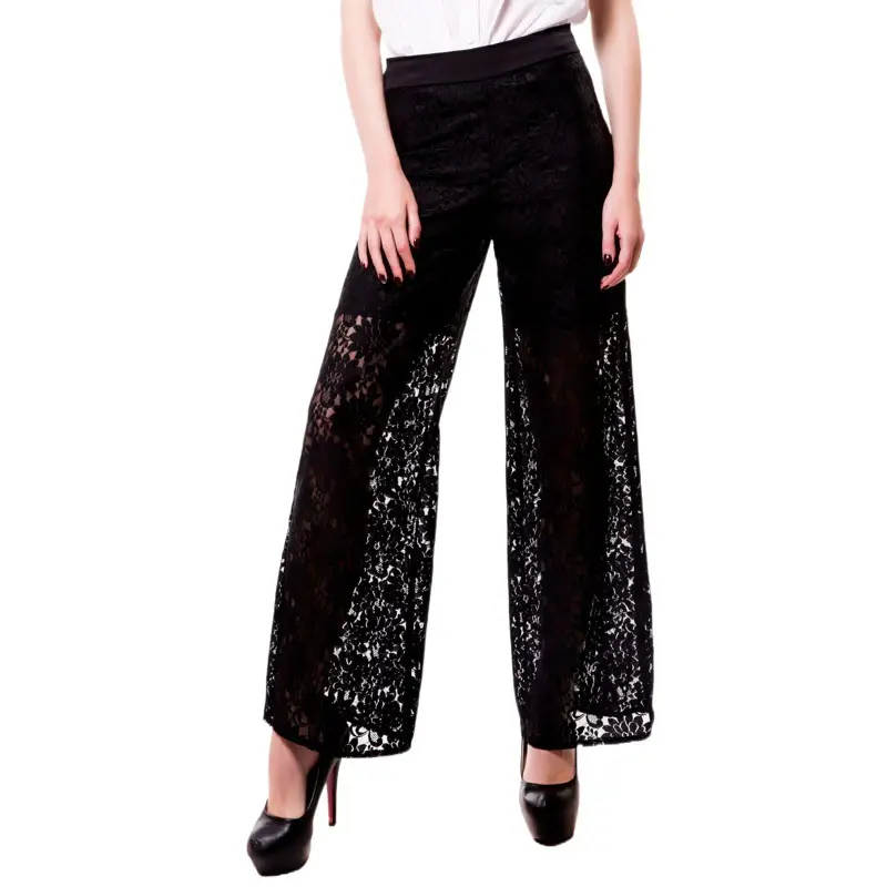 Black Lace Cropped Wide Leg Pants for Women