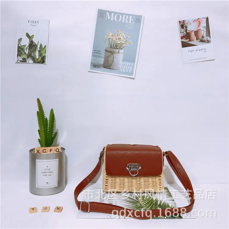 Trapezoidal Crossbody Bag Brown Straw Woven Women - Image 2