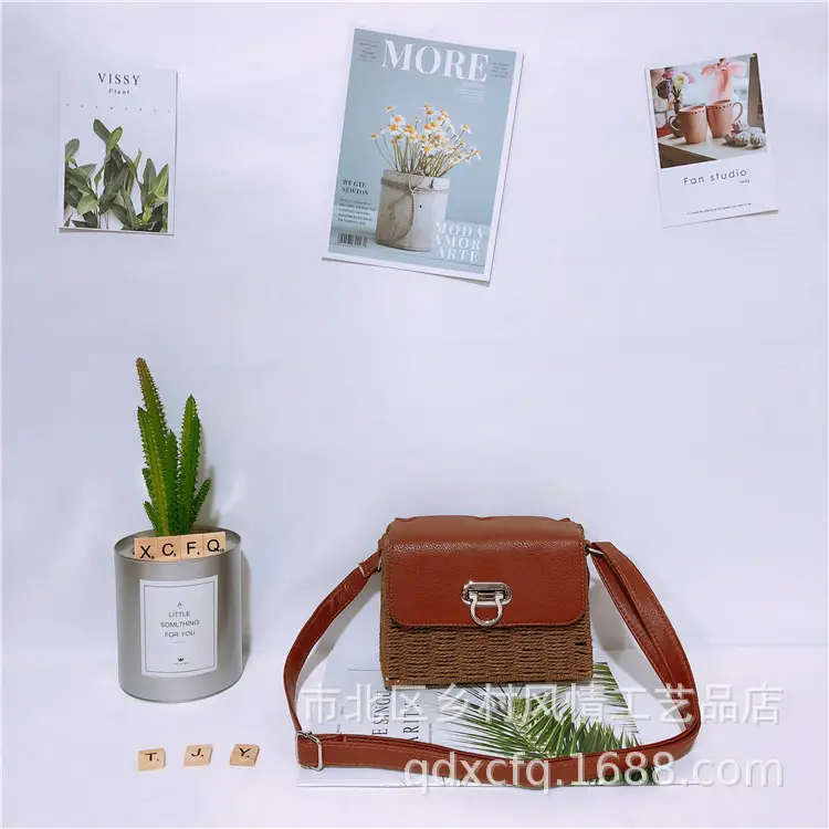 Trapezoidal Crossbody Bag Brown Straw Woven Women - Image 4