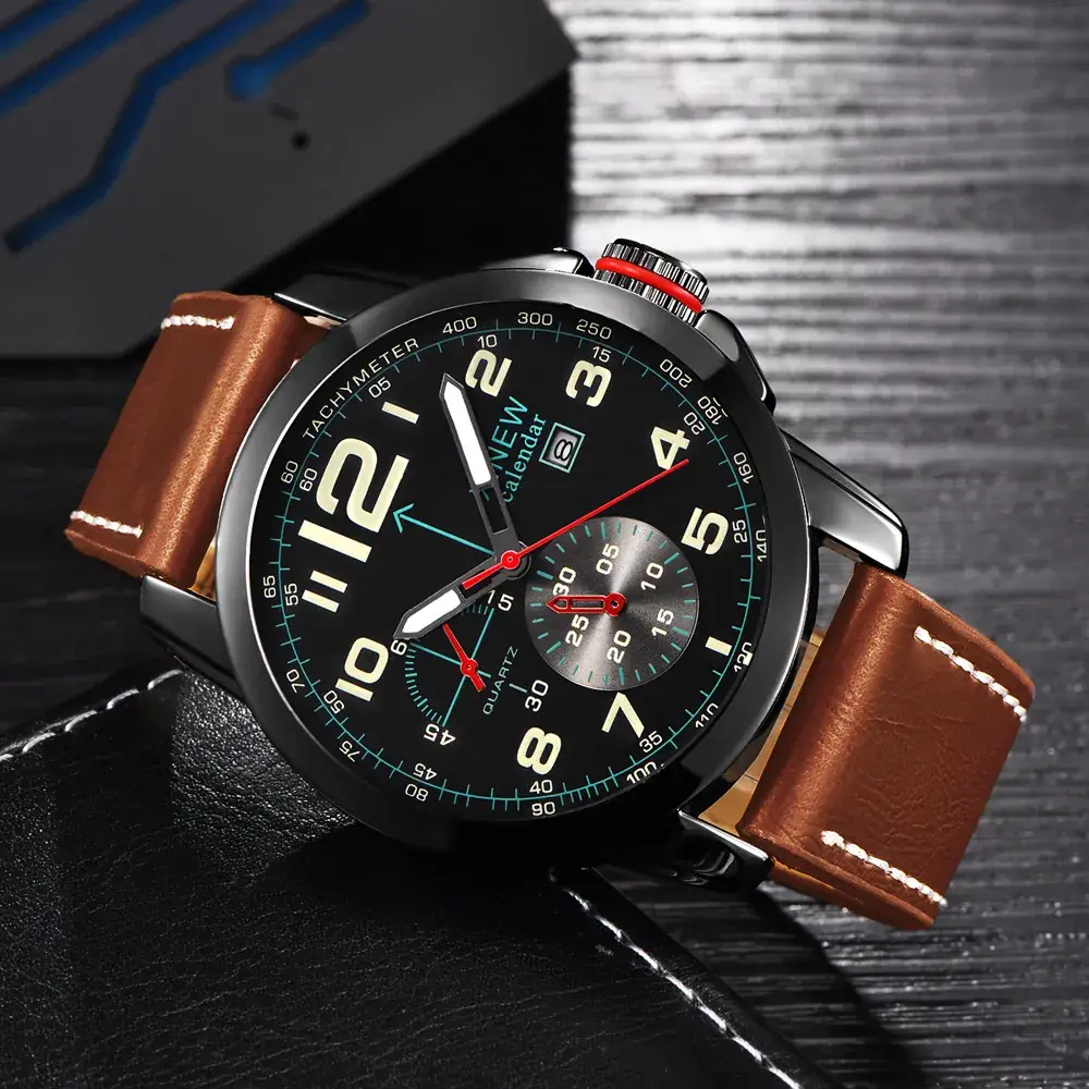 Men's Multi-Function Quartz Watches with Leather Belts