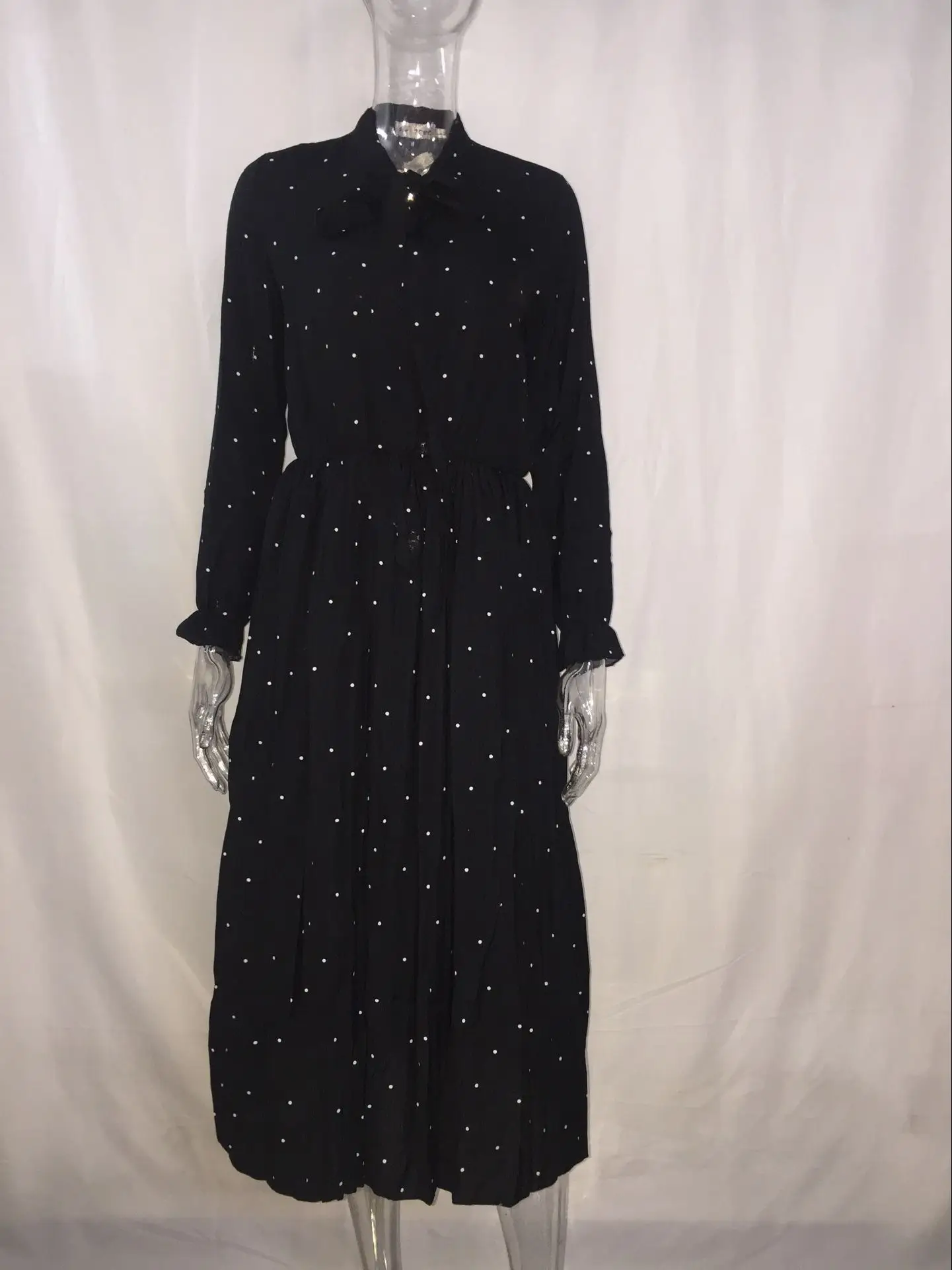 Black Dot Print Long Sleeve Pleated Dress for Women - Image 5