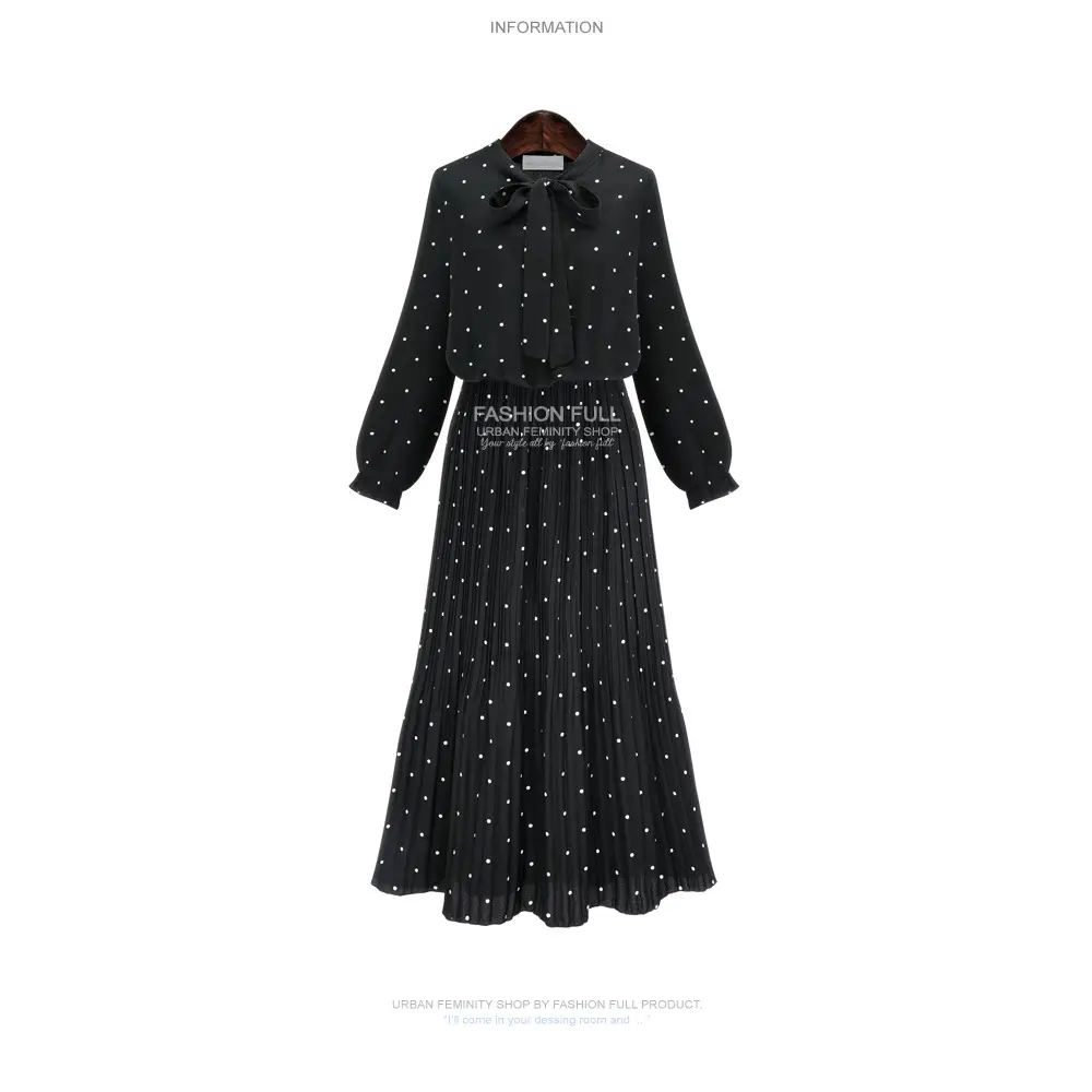 Black Dot Print Long Sleeve Pleated Dress for Women — feature 3