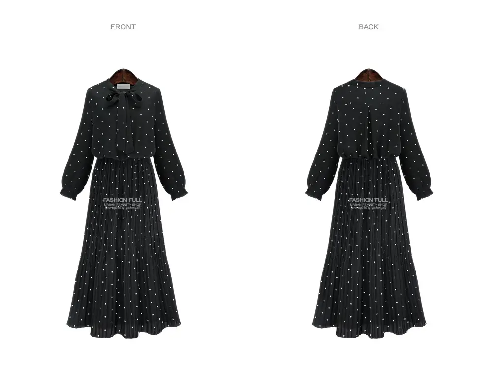 Black Dot Print Long Sleeve Pleated Dress for Women — feature 5