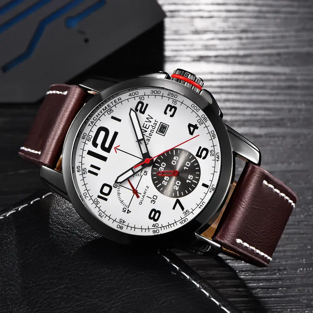 Men's Chronograph Watch with Red Second Hand & Brown Leather Band - Image 13