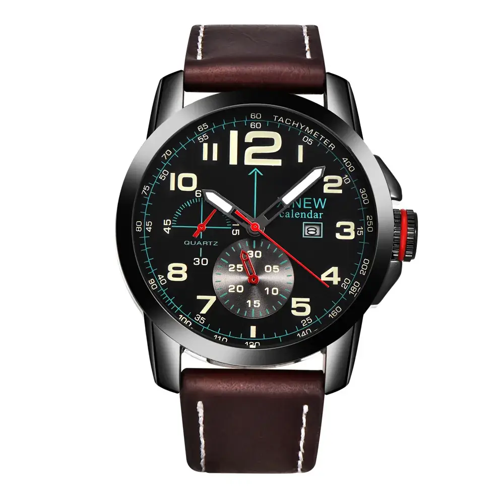 Men's Chronograph Watch with Red Second Hand & Brown Leather Band - Image 16