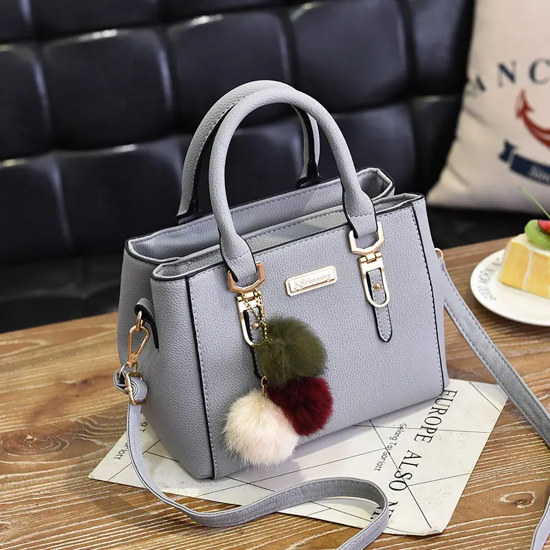 2022 Women's Grey Shoulder Crossbody Bag with Pom Pom - Image 2