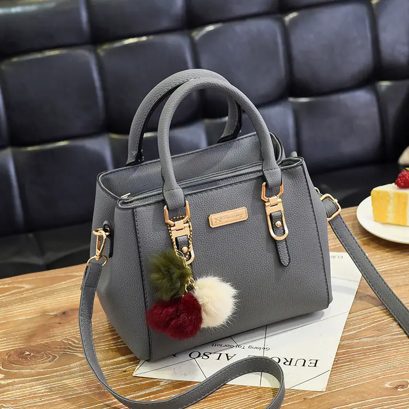 2022 Women's Grey Shoulder Crossbody Bag with Pom Pom - Image 5