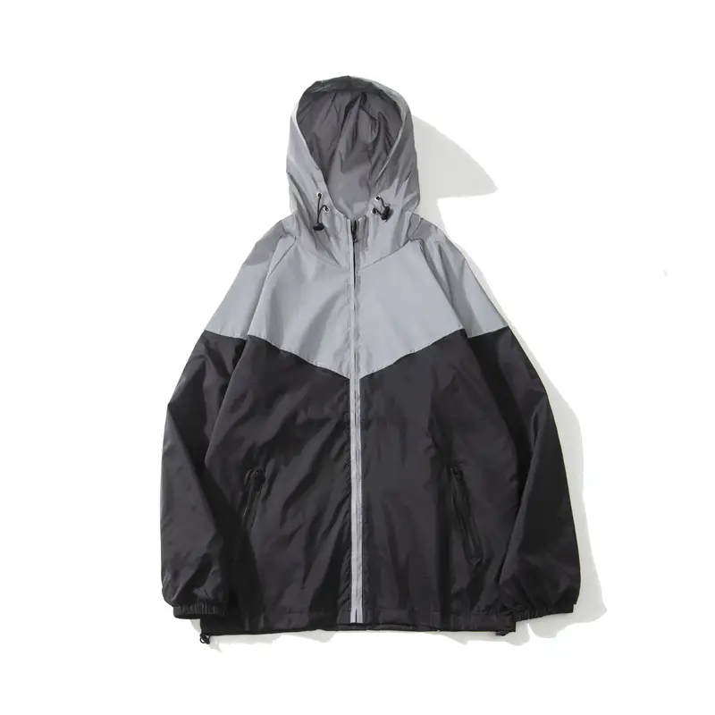 Men's Grey Black Hooded Windbreaker Coat