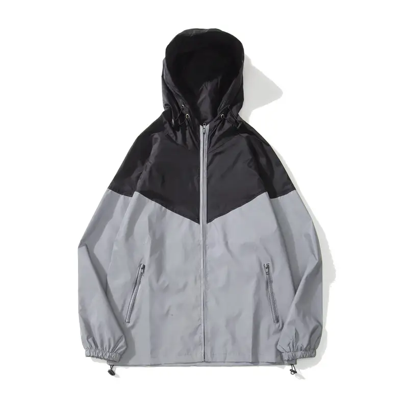 Men's Grey Black Hooded Windbreaker Coat