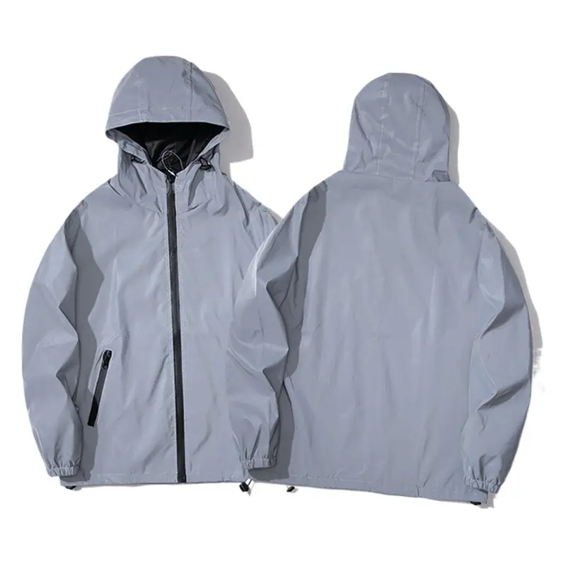 Men's Grey Black Hooded Windbreaker Coat