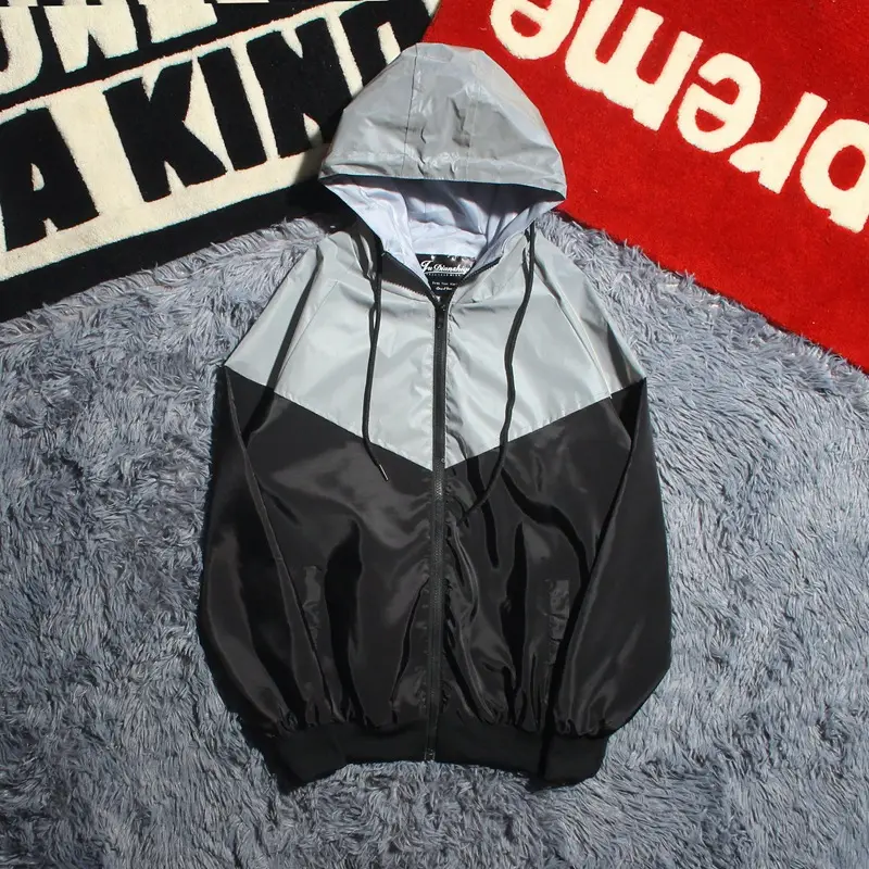 Men's Grey Black Hooded Windbreaker Coat