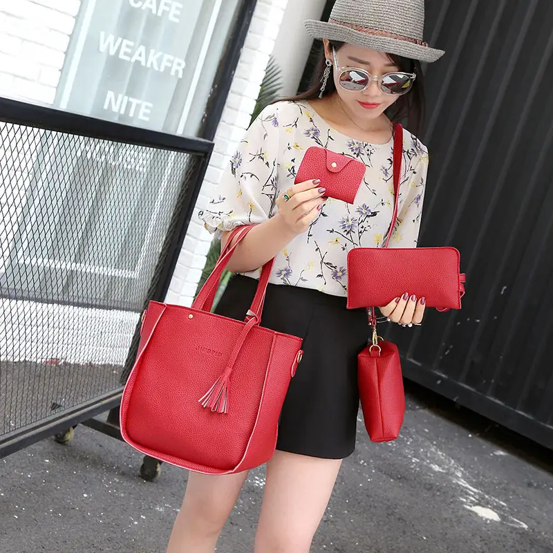 Women's 4-Piece Pink Leather Handbag Set - Image 9