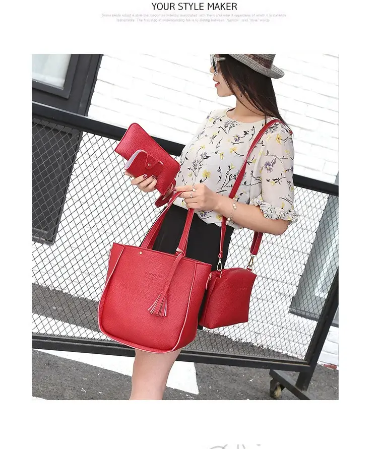 Women's 4-Piece Pink Leather Handbag Set — feature 10