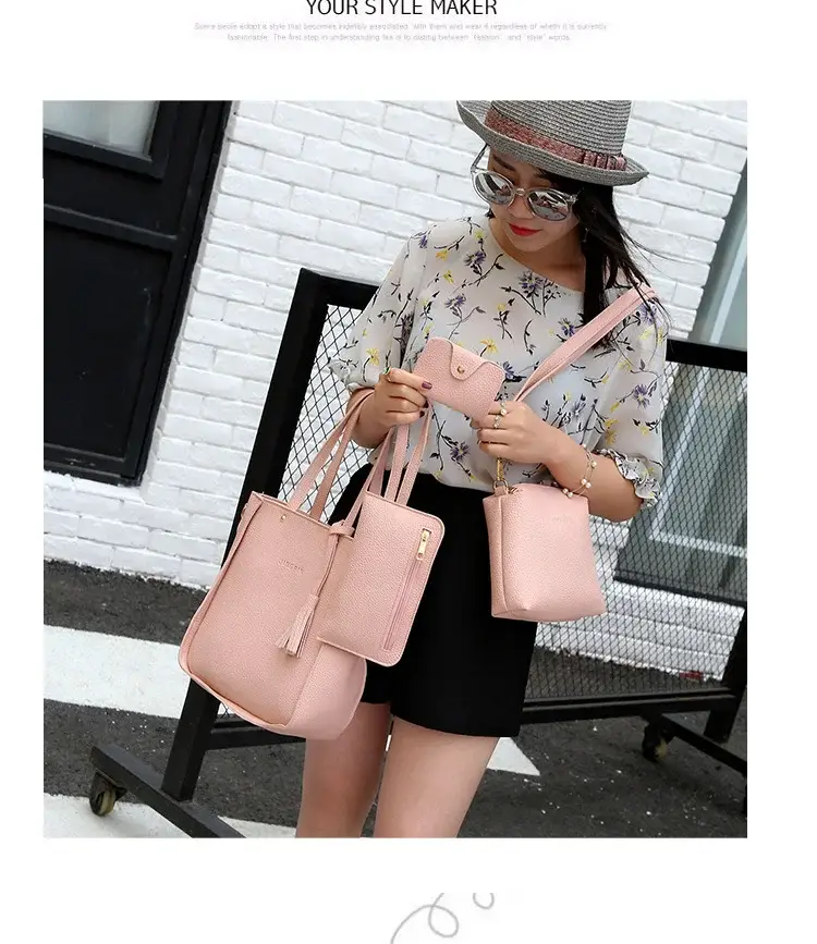 Women's 4-Piece Pink Leather Handbag Set — feature 18