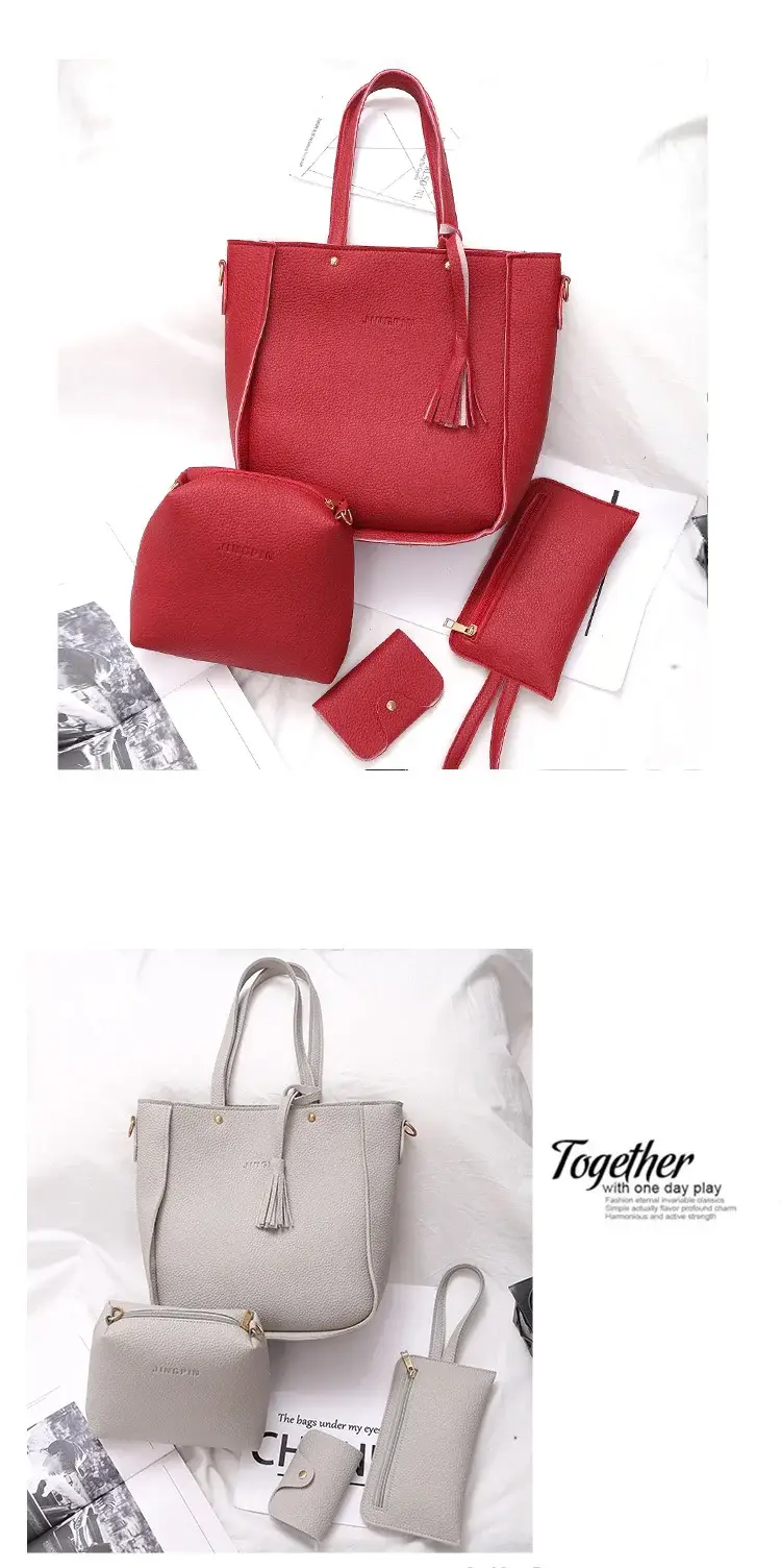 Women's 4-Piece Pink Leather Handbag Set — feature 34