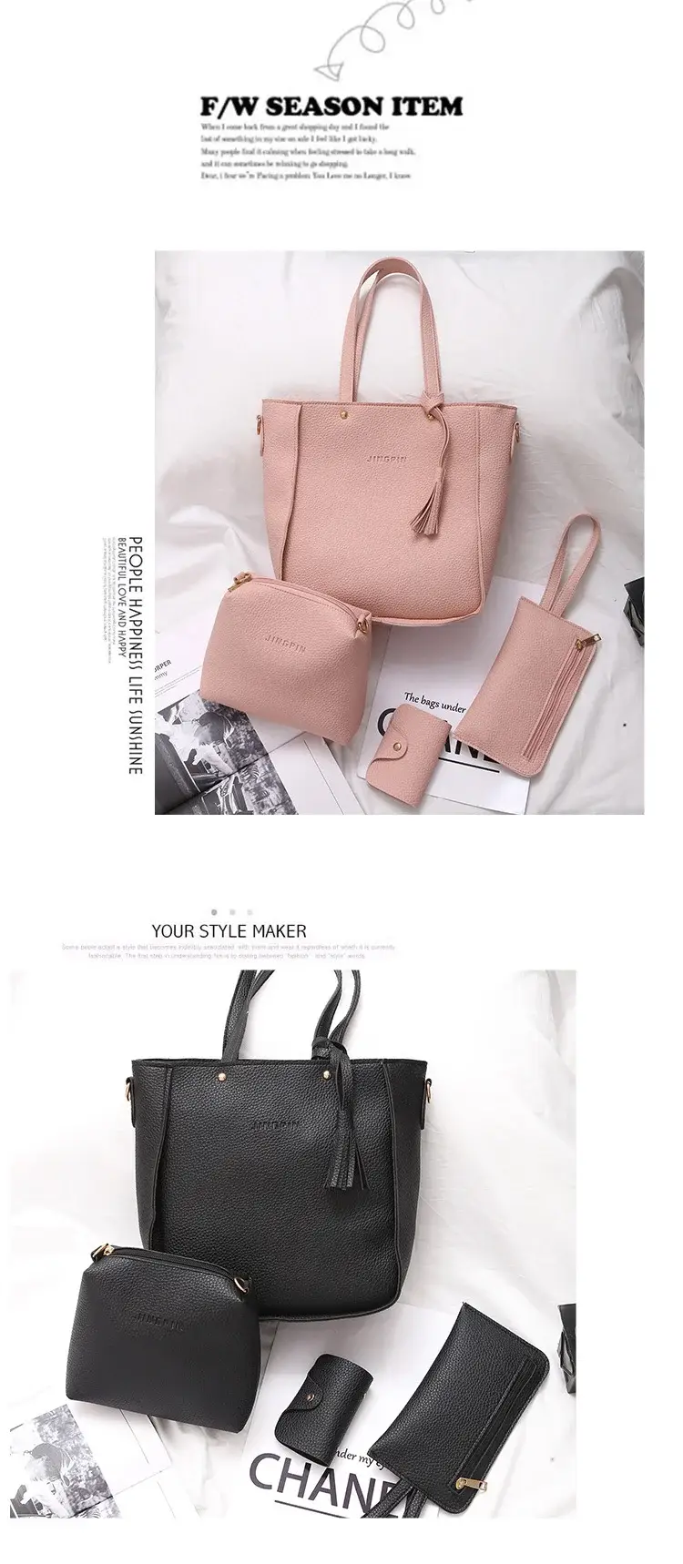 Women's 4-Piece Pink Leather Handbag Set — feature 35