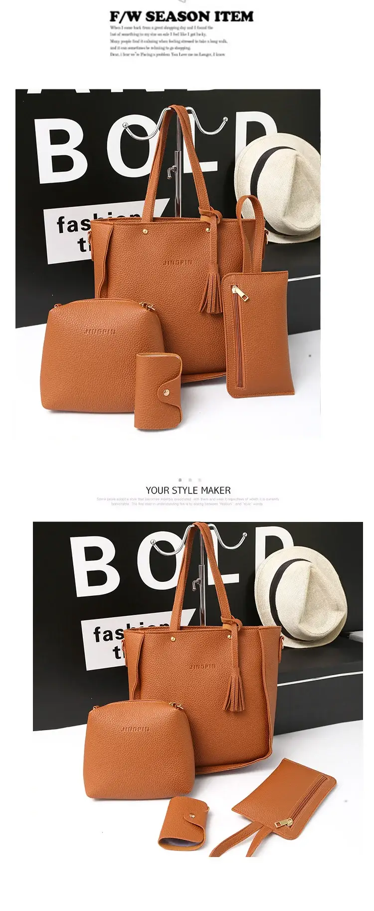 Women's 4-Piece Pink Leather Handbag Set — feature 38