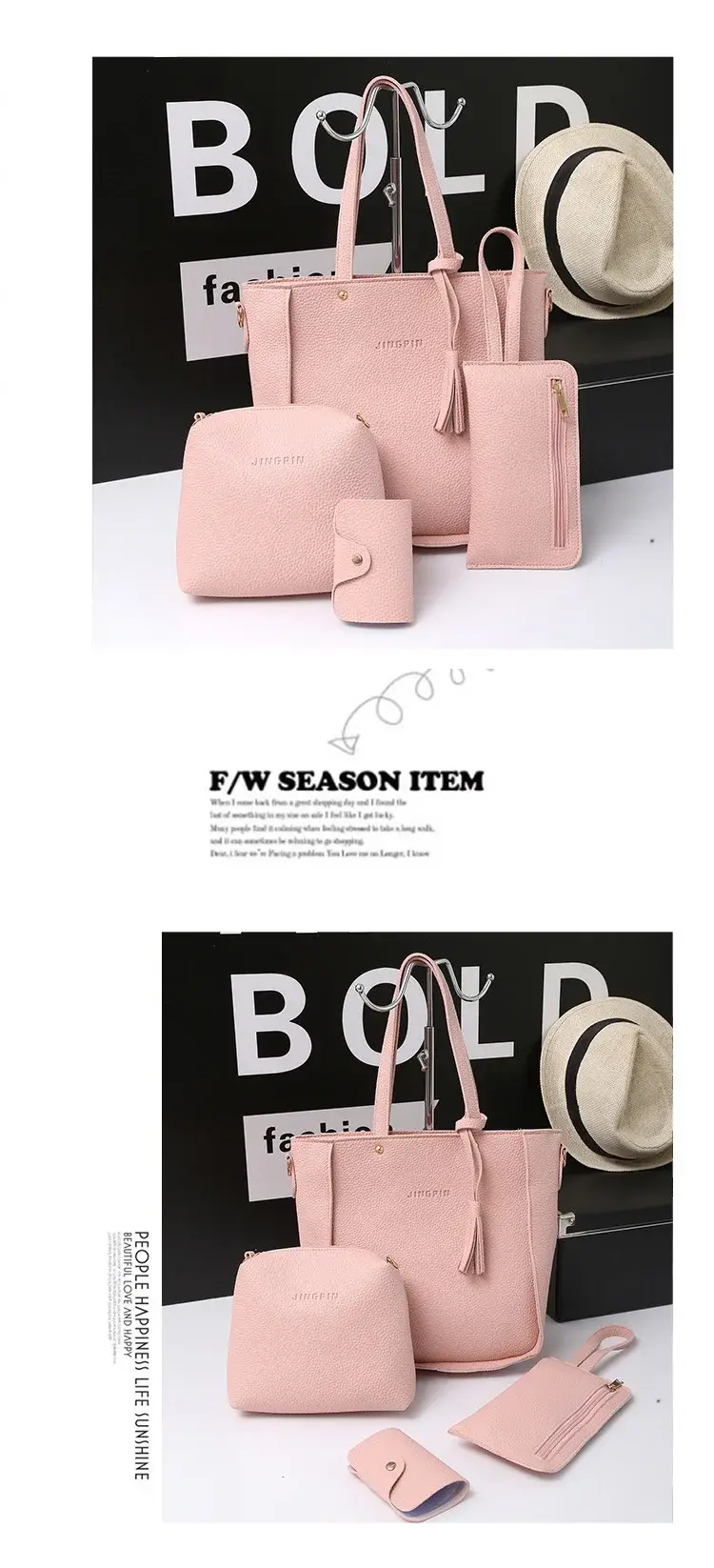 Women's 4-Piece Pink Leather Handbag Set — feature 42