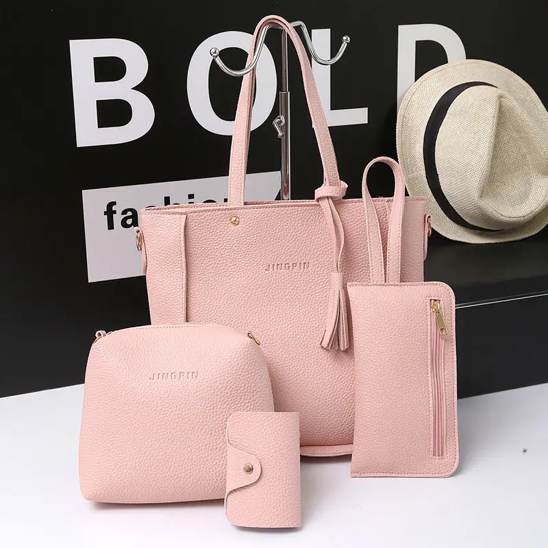 Women's 4-Piece Pink Leather Handbag Set - Image 3