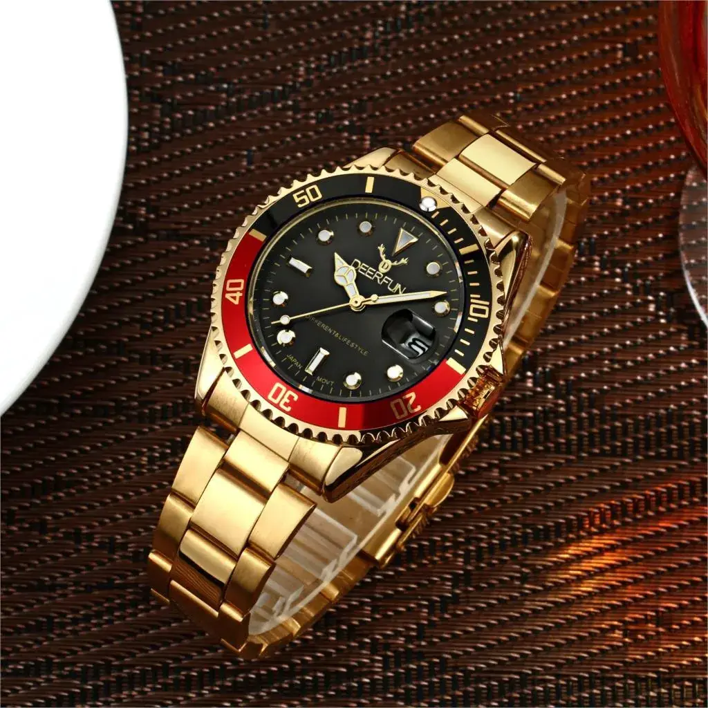 Men's Gold Water Resistant Quartz Watch with Red Dial - Image 23