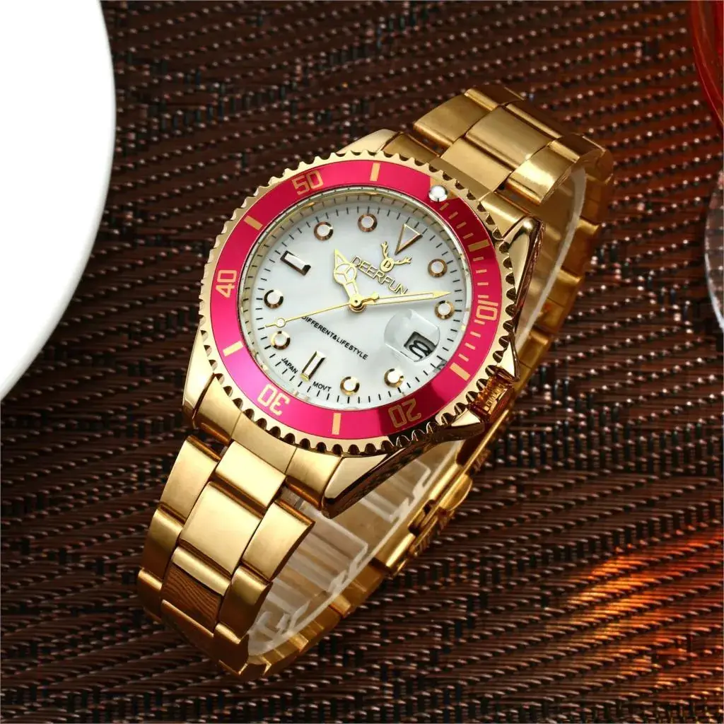 Men's Gold Water Resistant Quartz Watch with Red Dial - Image 30