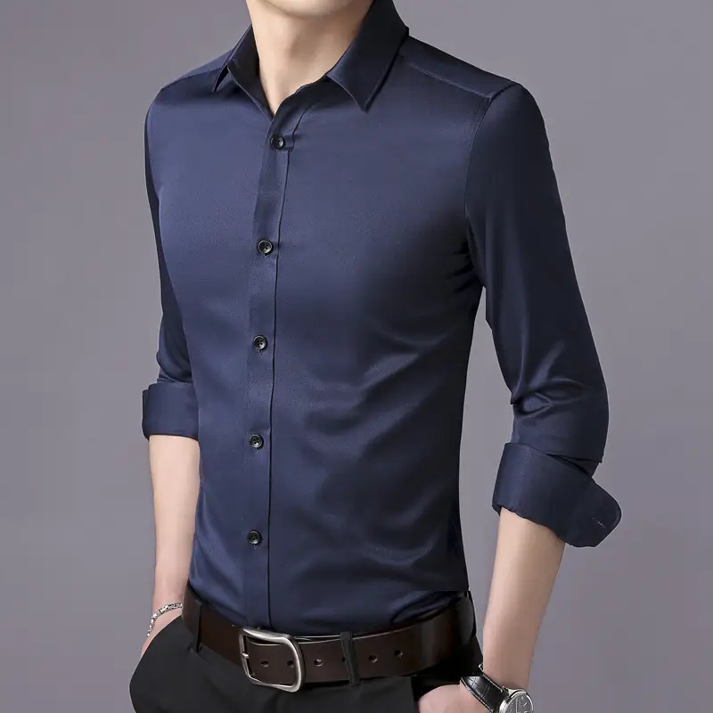 Men's Navy Blue Slim Fit Long Sleeve Shirt - Image 3
