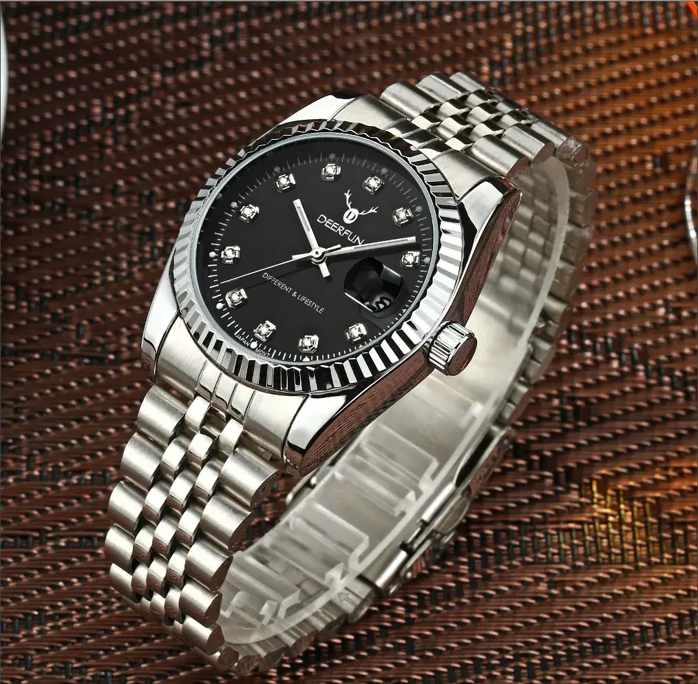 Deerfun Classic Steel Strap Watch with Blue Dial & Gold Bracelet - Image 4