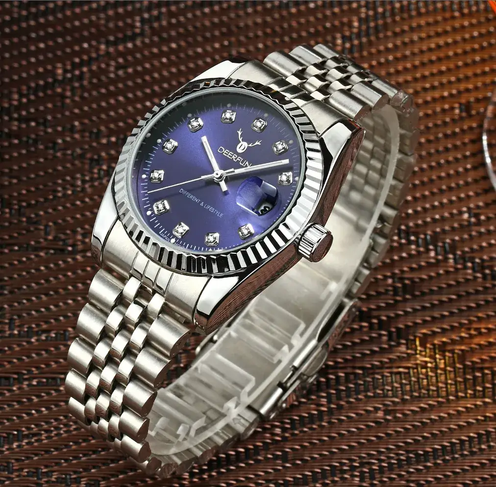 Deerfun Classic Steel Strap Watch with Blue Dial & Gold Bracelet - Image 7