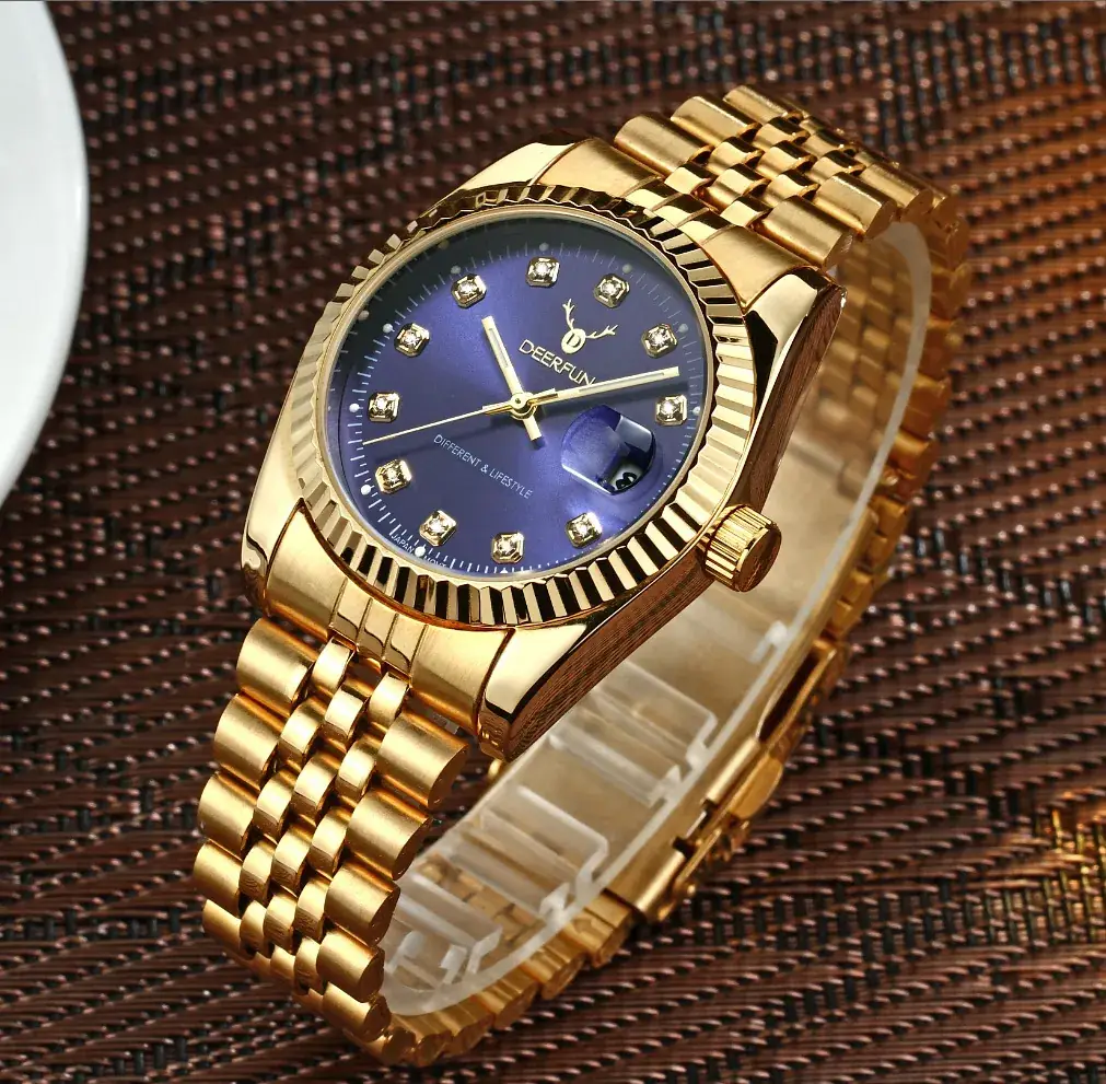 Deerfun Classic Steel Strap Watch with Blue Dial & Gold Bracelet - Image 9
