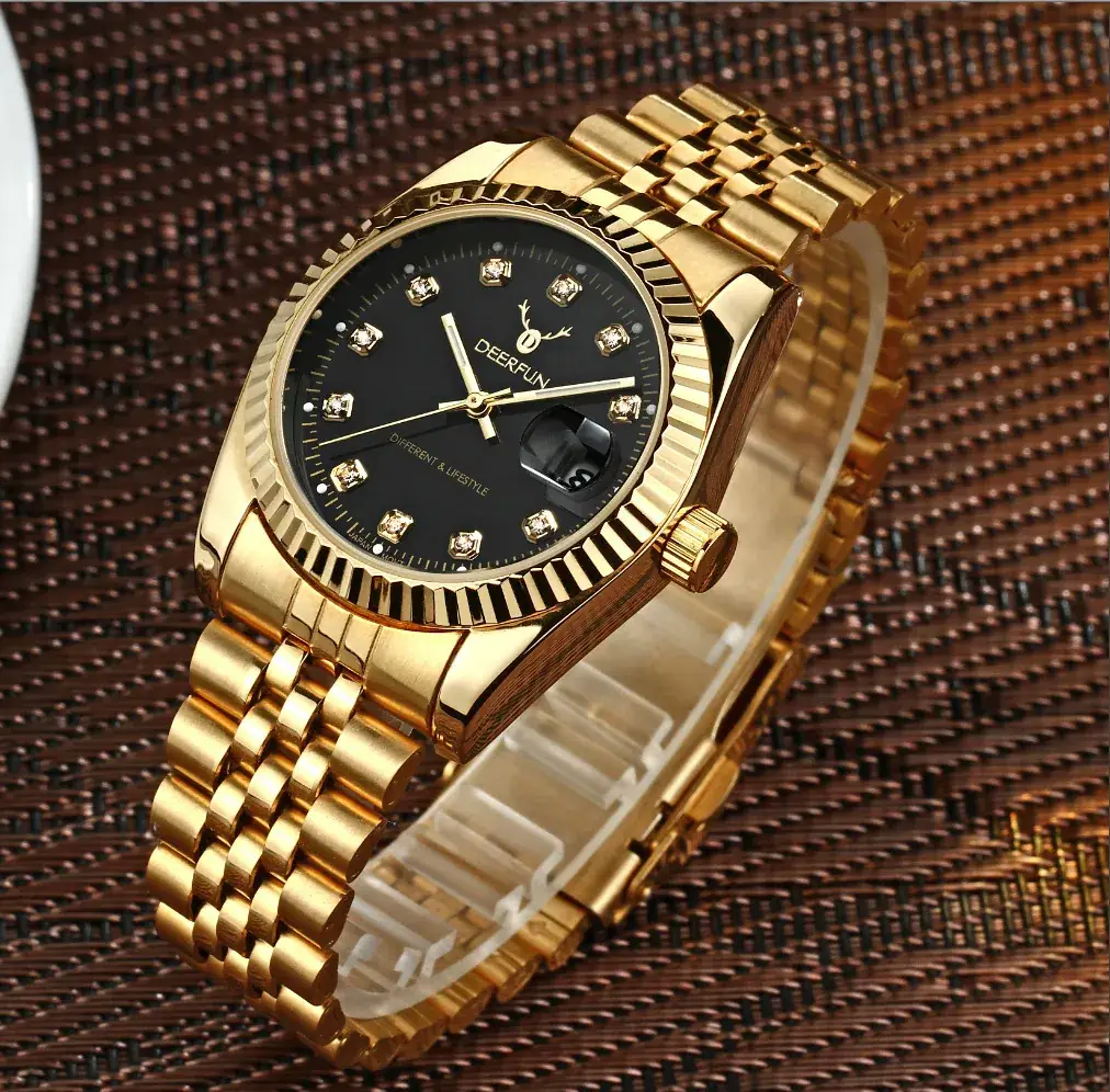 Deerfun Classic Steel Strap Watch with Blue Dial & Gold Bracelet - Image 6
