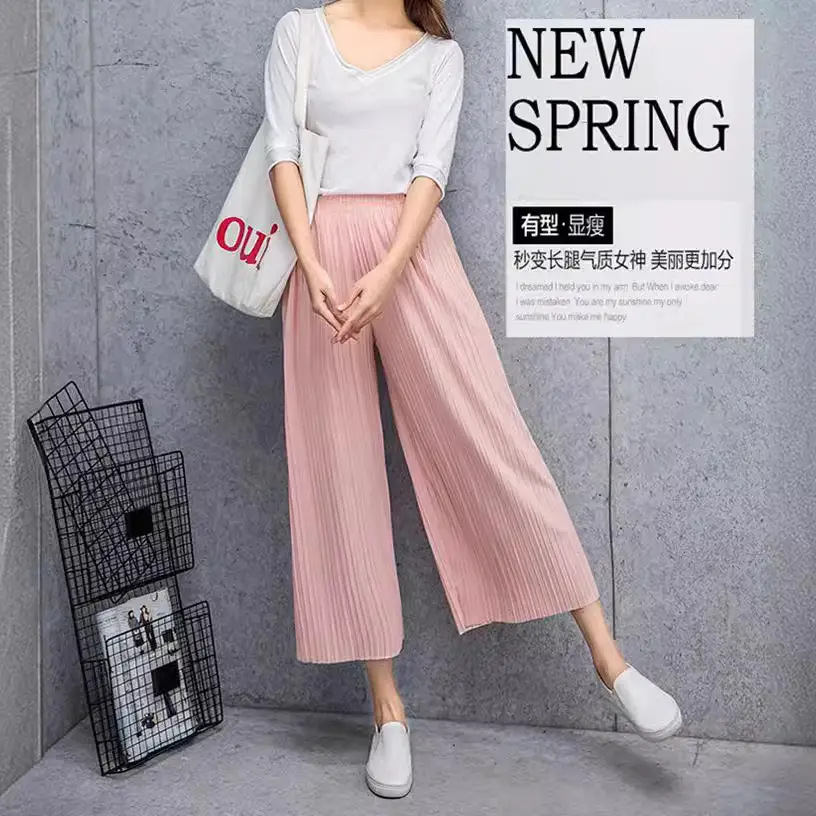 Women Pleated Wide Leg Pants Black Slimming - Image 11