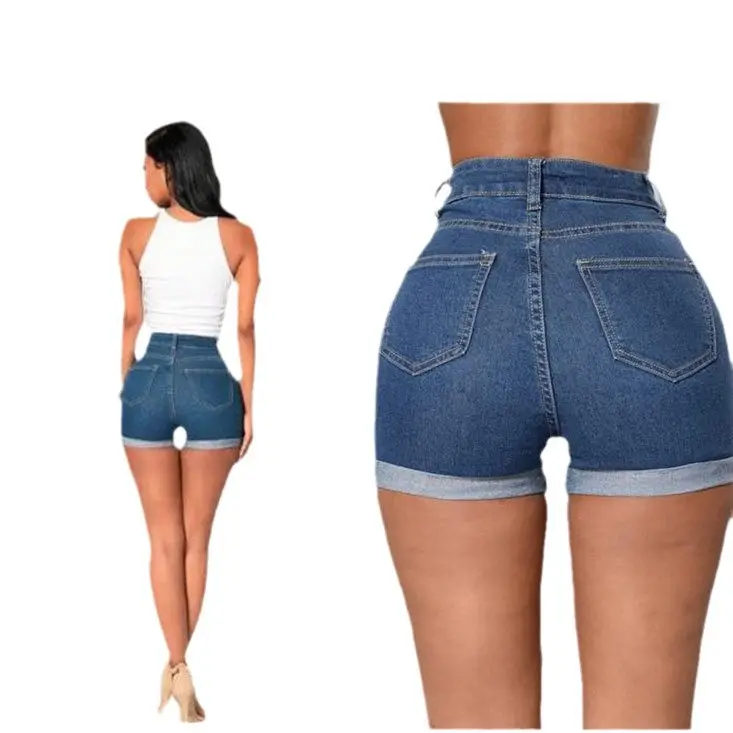 Women's Curved Denim Shorts Hot Pants Blue High Waist - Image 5